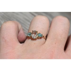 14k Solid Yellow Gold Raw Herkimer Diamond Ring Aquamarine Engagement Ring